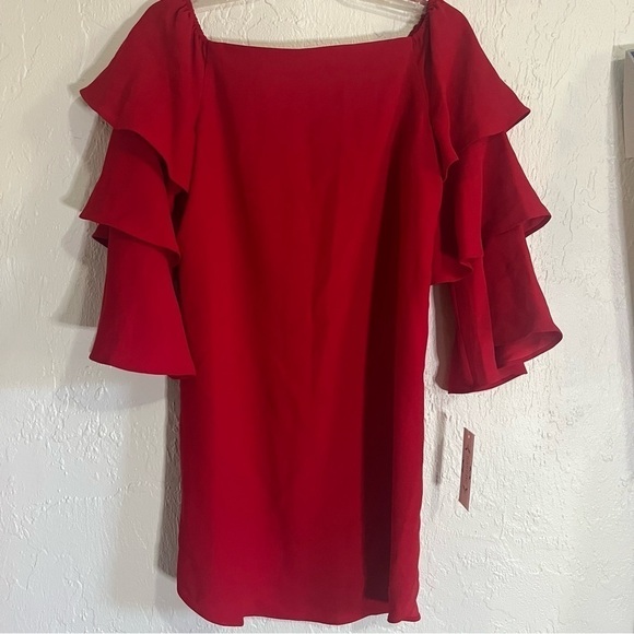 nwt Nanette Lepore Red Riding Hood Tiered Bell Sleeve off the Shoulder Dress - Picture 3 of 10